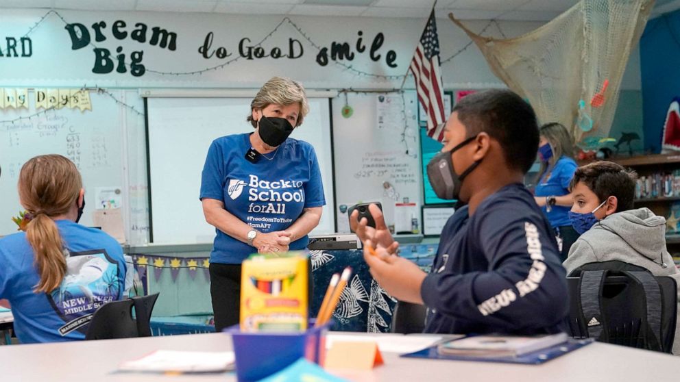 PHOTO: American Federation of Teachers President Randi Weingarten speaks with students at the New River Middle School, Sept. 2, 2021, in Fort Lauderdale, Fla.