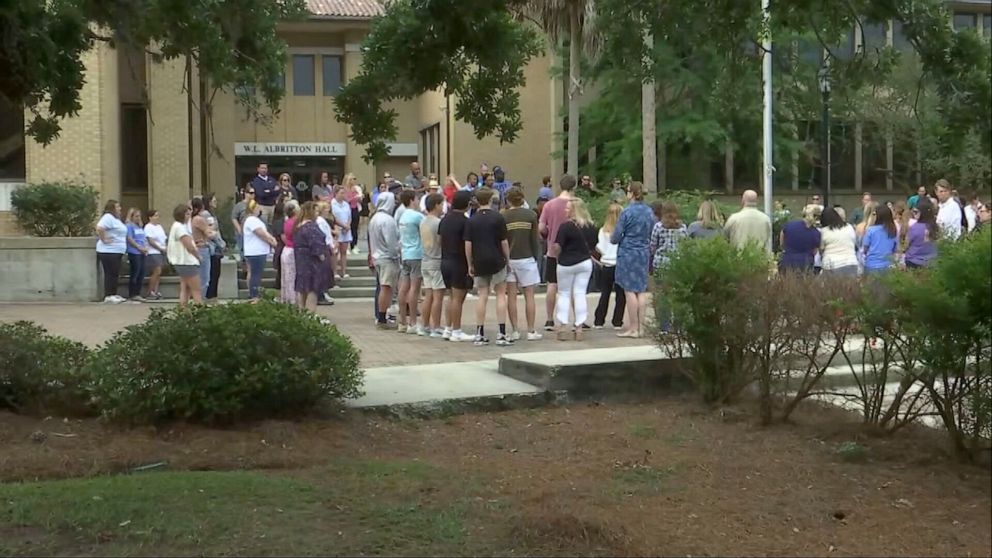 PHOTO: Students at University Lab School in Baton Rouge, Louisiana, hold a prayer circle for a fellow student reported missing in the Bahamas, May 25, 2023.