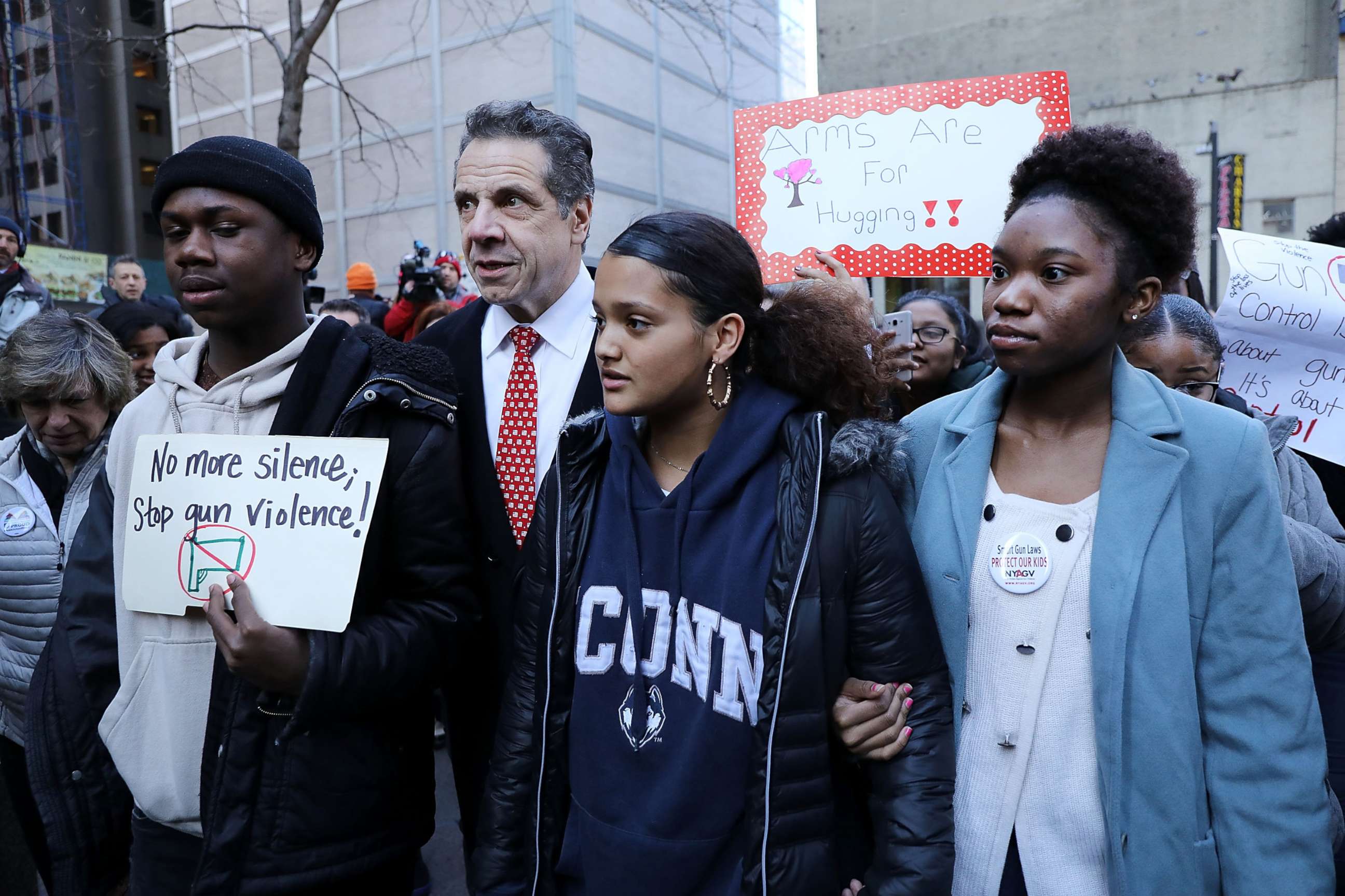 PHOTO: Governor Andrew Cuomo joins students from surrounding schools as they gather at Zuccotti Park in lower Manhattan to mark one month since the high school shooting in Parkland, Fla. and to demand an end to gun violence on March 14, 2018 in New York.