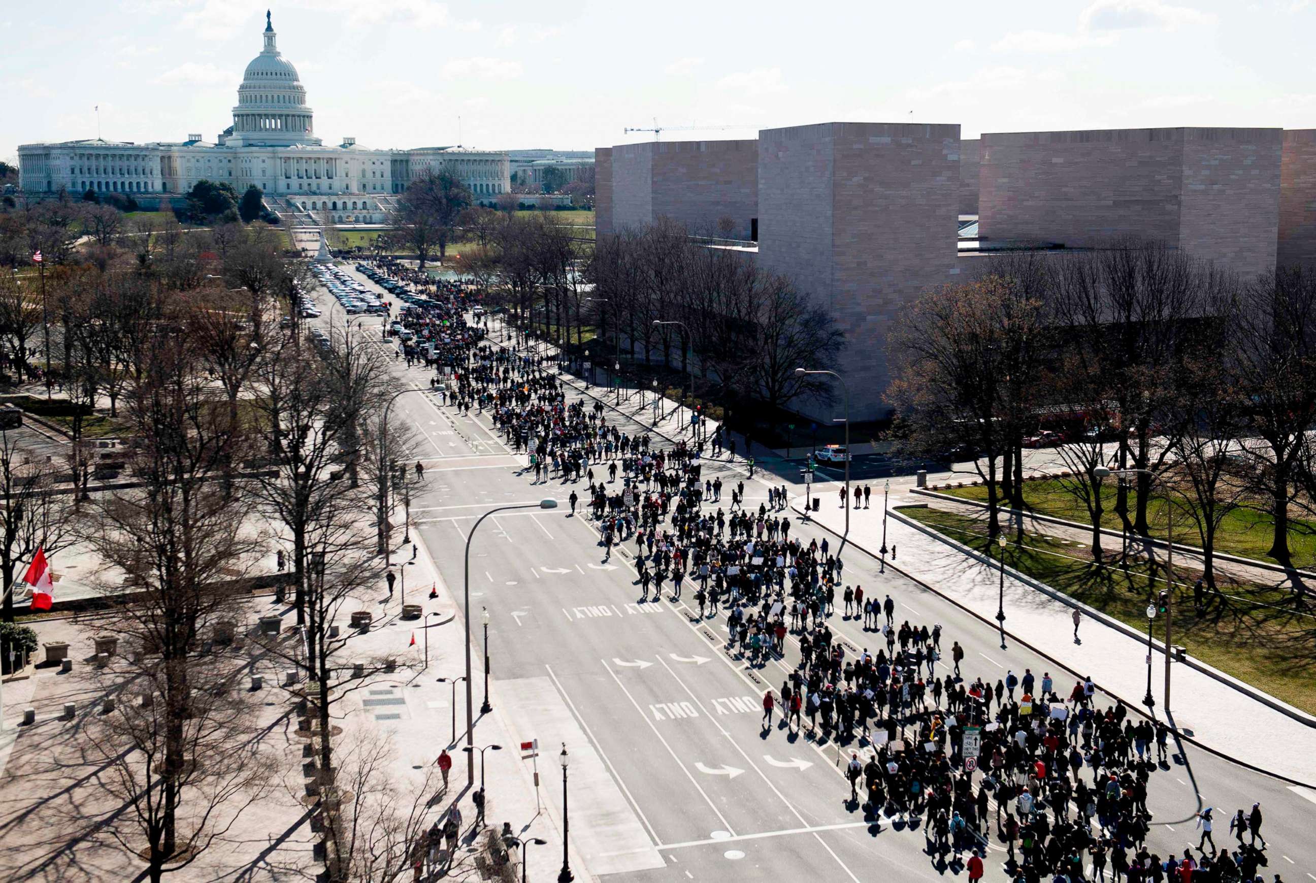 PHOTO: Thousands of local students march down Pennsylvania Avenue to the U.S. Capitol during a nationwide student walkout for gun control in Washington, D.C., March 14, 2018.