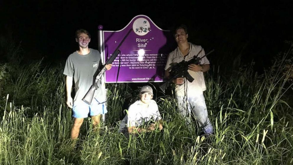PHOTO: Ole Miss students pose smiling and toting guns in front of a bullet-riddled Emmett Till memorial sign in Tallahatchie County in a photo posted to Instagram. Their fraternity has suspended them, and federal authorities are examining the incident.