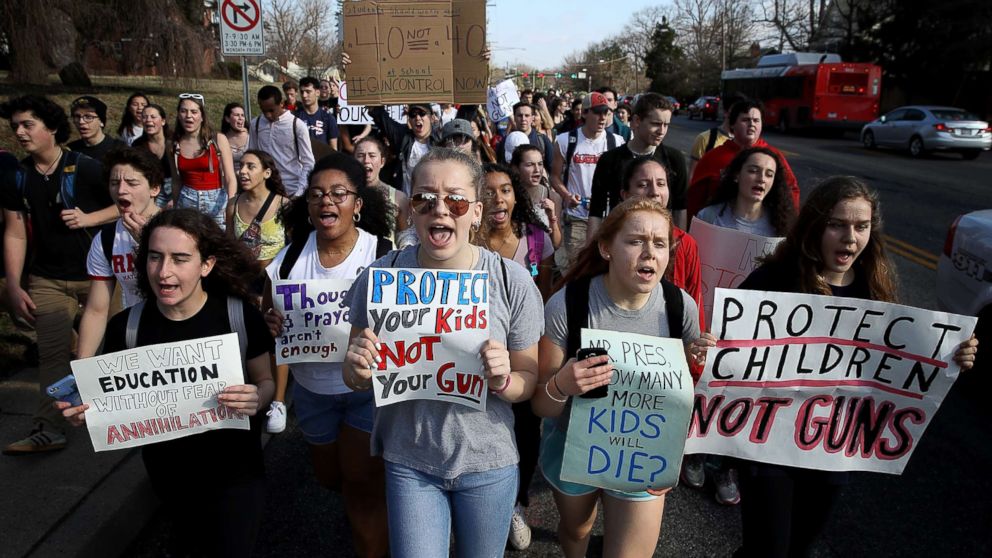 Students from Montgomery Blair High School march down Colesville Road in support of gun reform legislation Feb. 21, 2018 in Silver Spring, Maryland. 