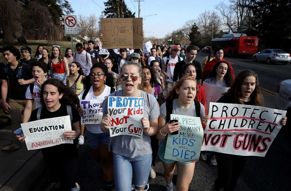 PHOTO: Students from Montgomery Blair High School march down Colesville Road in support of gun reform legislation Feb. 21, 2018, in Silver Spring, Md. 