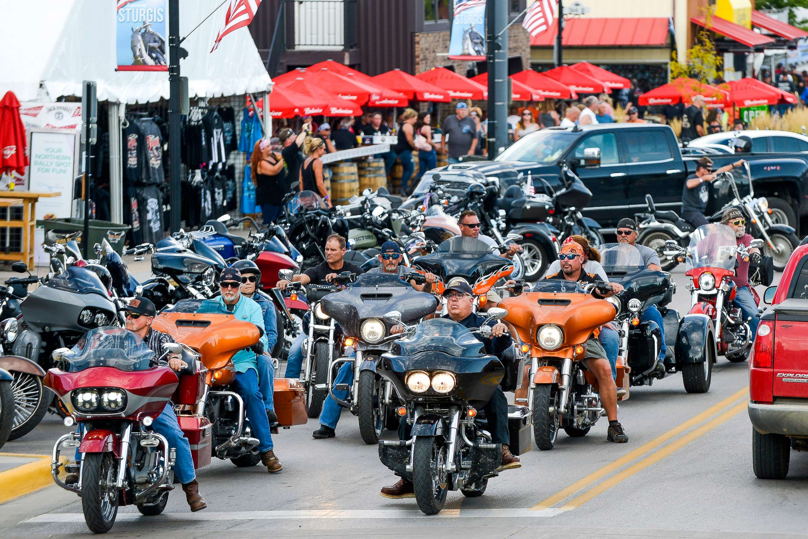 PHOTO: Motorcyclists ride down Main Street a day before the start of the Sturgis Motorcycle Rally, Aug. 6, 2020 in Sturgis, S.D.