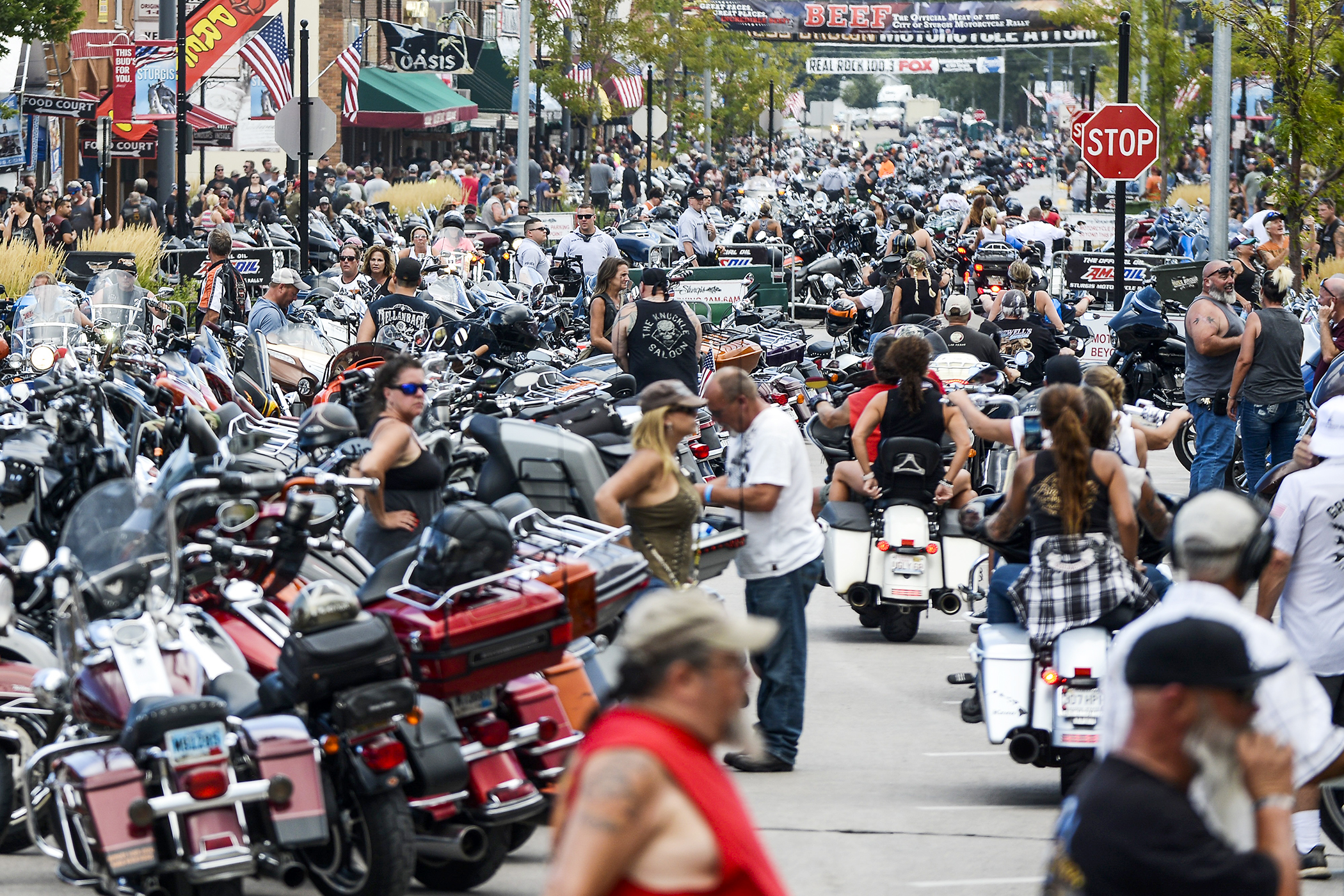 PHOTO:  Motorcycles and people crowd Main Street during the 80th Annual Sturgis Motorcycle Rally in Sturgis, S.D., Aug. 7, 2020.