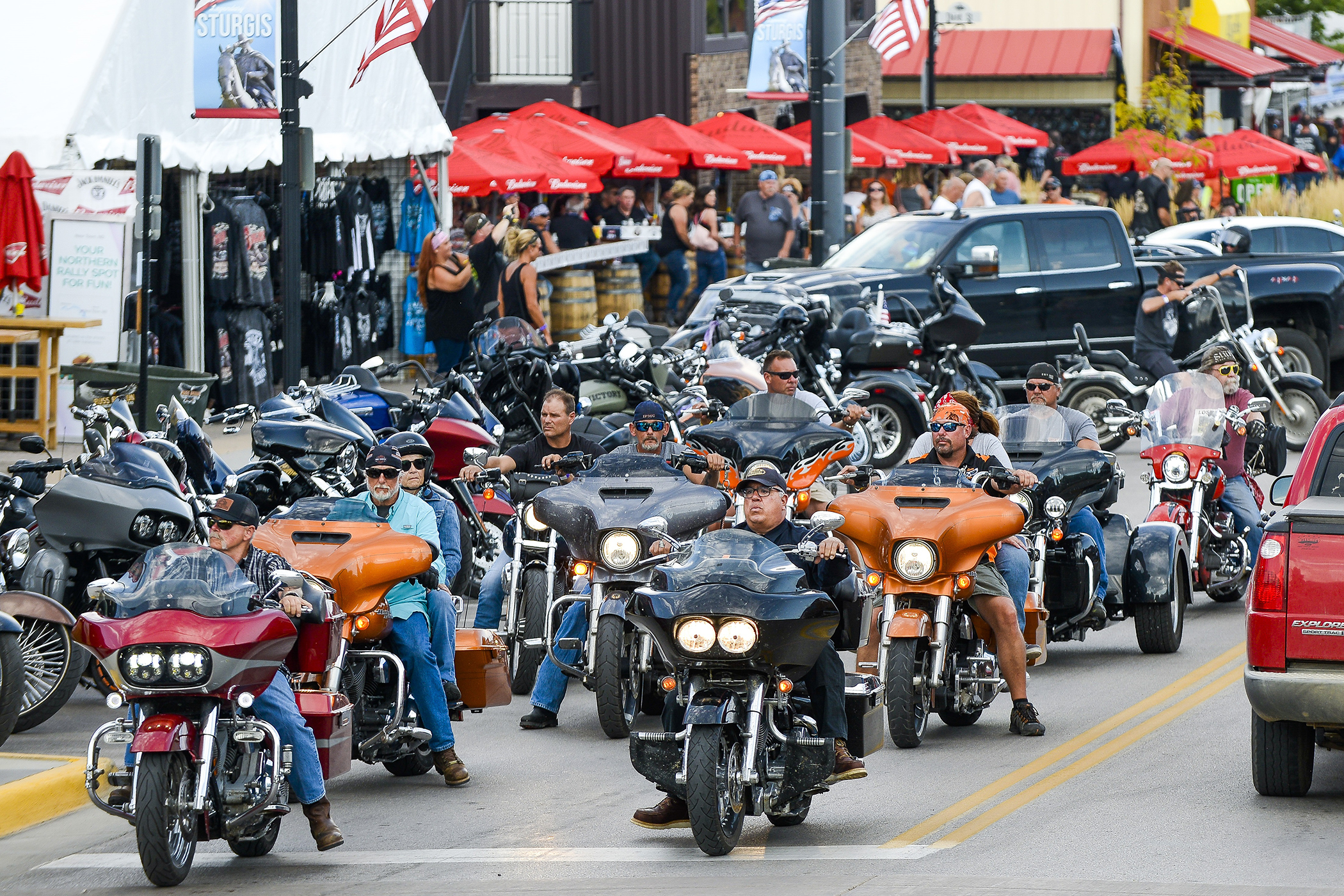 PHOTO: Motorcyclists ride down Main Street a day before the start of the Sturgis Motorcycle Rally in Sturgis, S.D., Aug. 6, 2020.