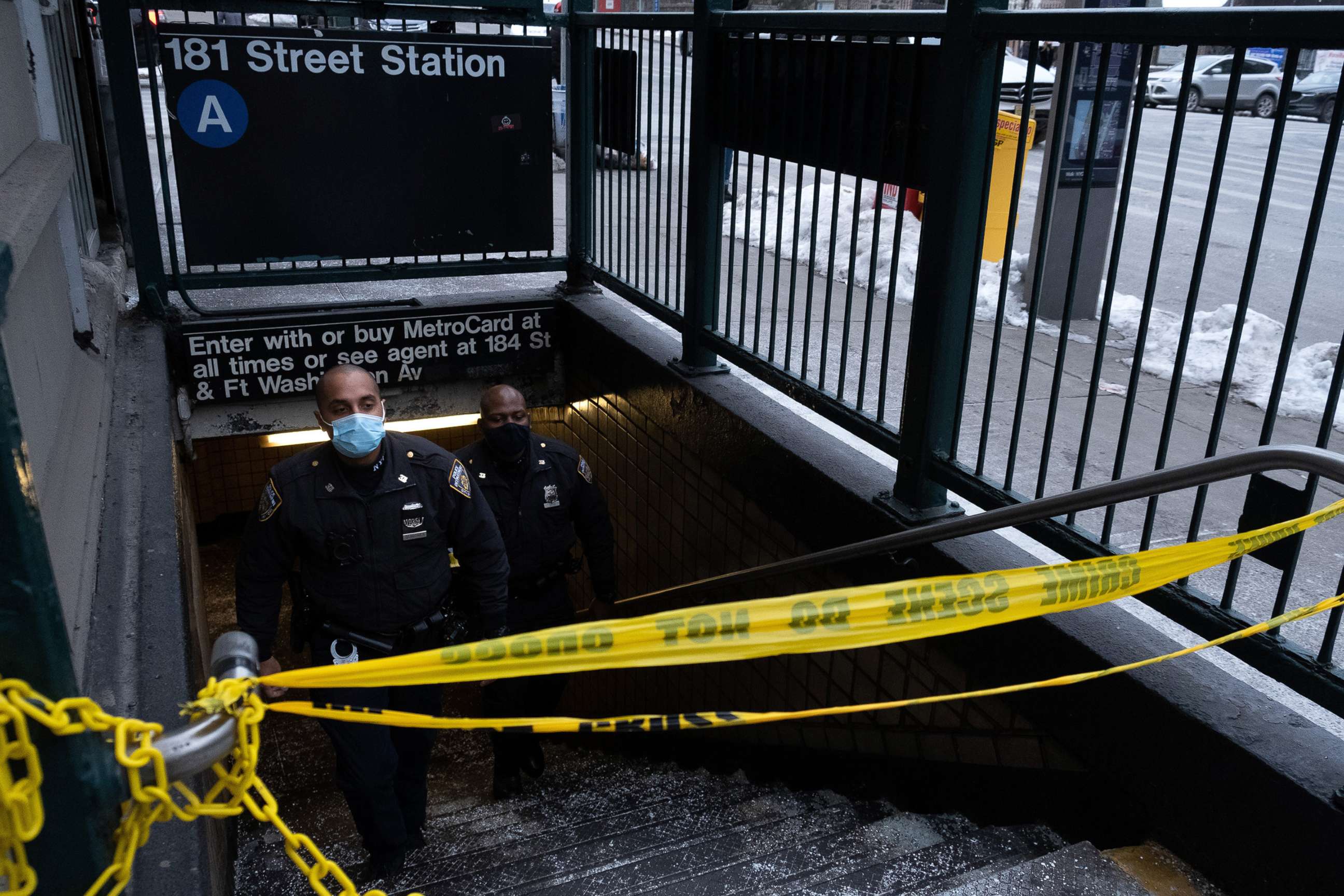 PHOTO: Officers on scene at the 181st Street station in Washington Heights in New York, Feb. 13, 2021, where one of four separate stabbings on the A line took place over the weekend. 