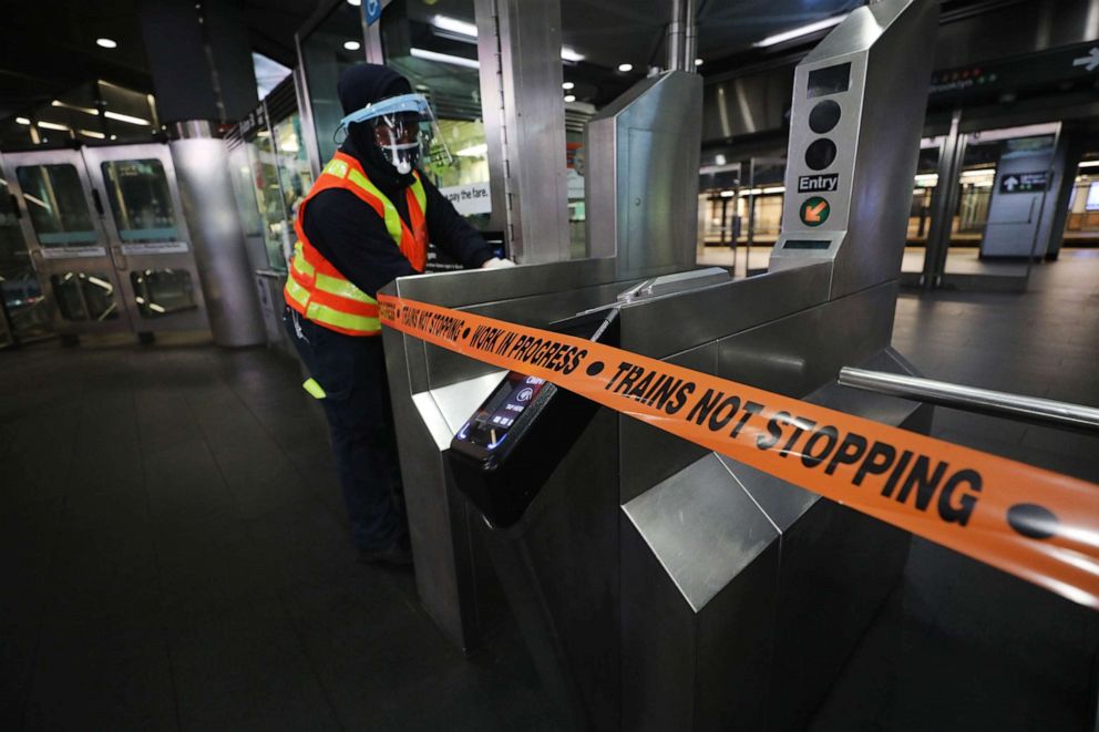 PHOTO: Workers close down a station as the New York City subway system, the largest public transportation system in the nation, is closed for nightly cleaning due to the continued spread of the coronavirus, May 6, 2020 in New York City.