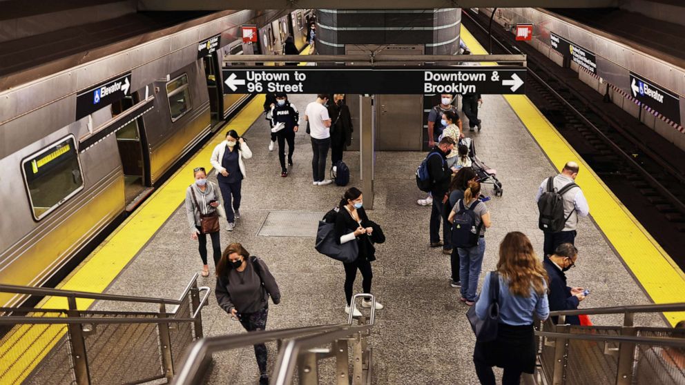 PHOTO: People walk along the train platform at the Second Avenue subway station on Nov. 9, 2021 in New York City.
