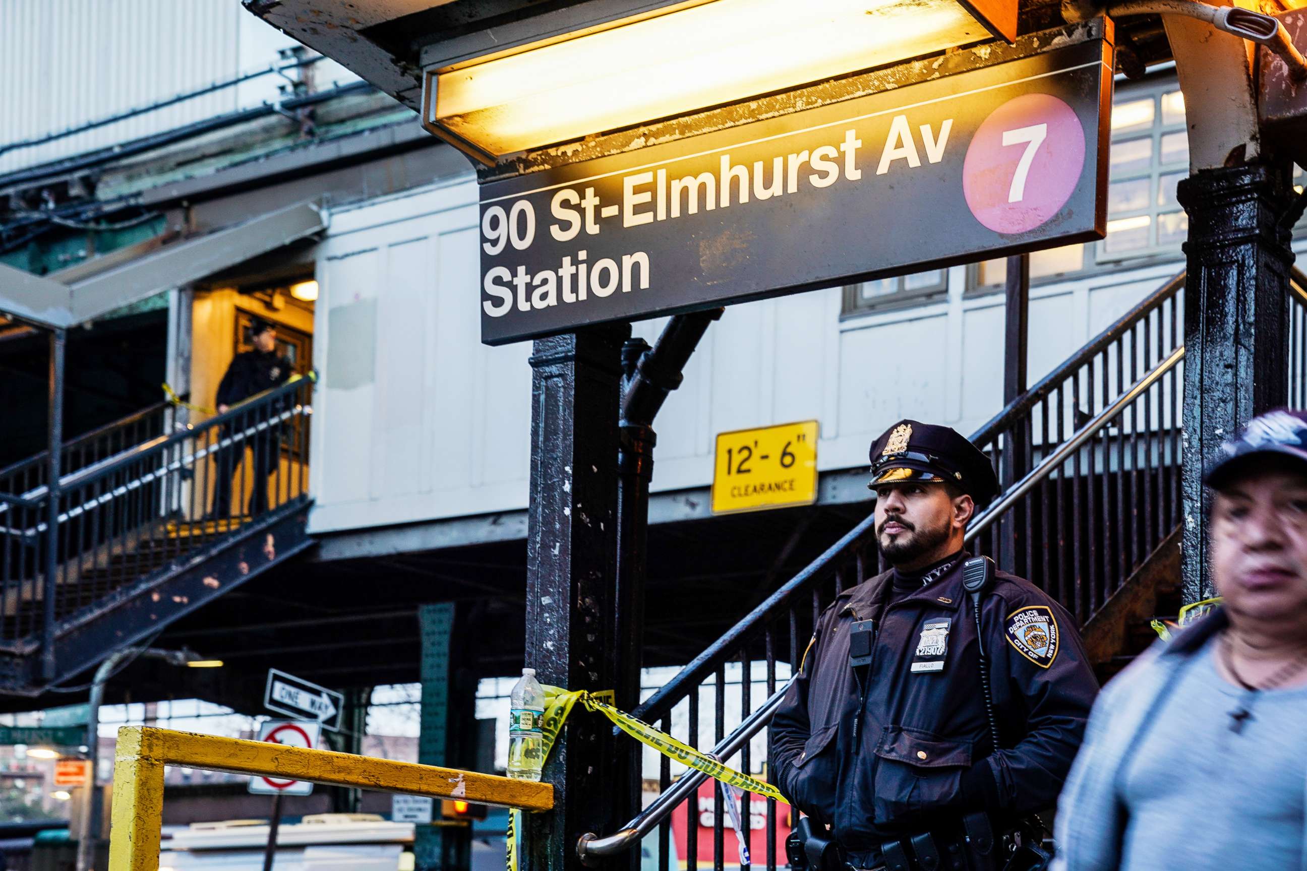 PHOTO: Police are stationed outside the 90th Street-Elmhurst Avenue 7 train subway station in Queens,New York, Feb. 3, 2019. A man died on the subway platform after he was shot in the head while arguing with two men who fled on foot, police said.