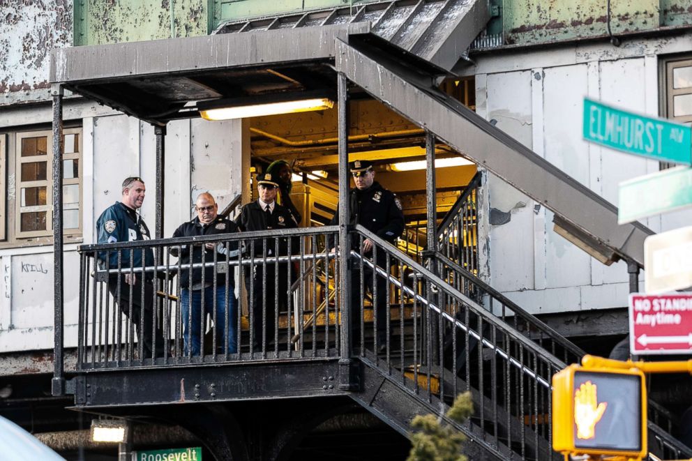 PHOTO: Police are stationed outside the 90th Street-Elmhurst Avenue 7 train subway station in Queens,New York, Feb. 3, 2019. A man died on the subway platform after he was shot in the head while arguing with two men who fled on foot, the police said.