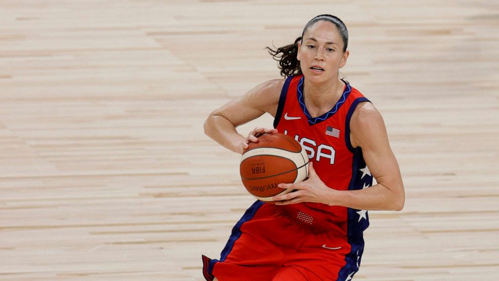 PHOTO: Sue Bird #6 of the United States passes against the Australia Opals during an exhibition game at Michelob ULTRA Arena ahead of the Tokyo Olympic Games on July 16, 2021 in Las Vegas, Nevada.