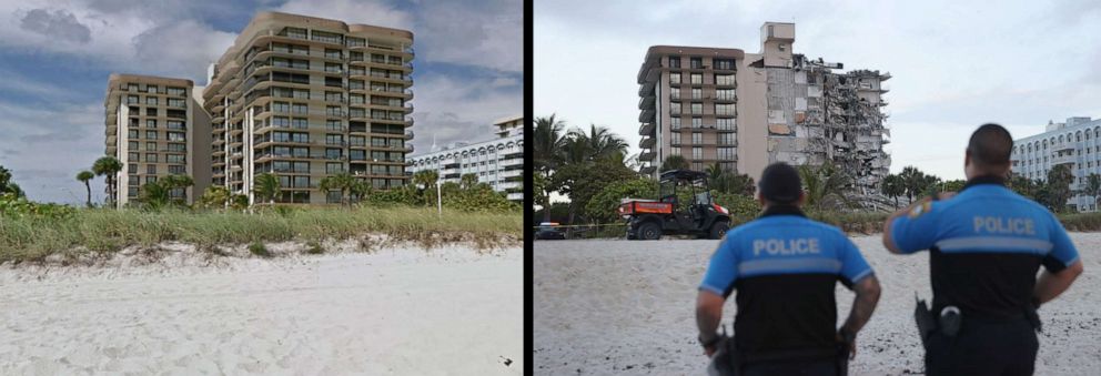 PHOTO: The 12-story condo tower in a Google street view image before it collapsed, left, and after, June 24, 2021, in Surfside, Fla., near Miami Beach. 