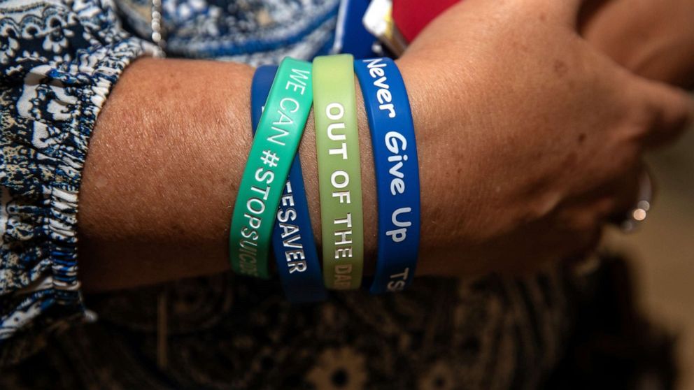 PHOTO: A woman wears suicide prevention wristbands, June 12, 2019, in Washington, DC.