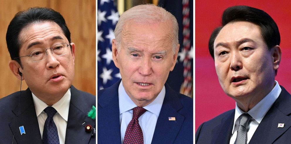 PHOTO: Japan's Prime Minister Fumio Kishida in Tokyo on April 20, 2023; President Joe Biden in Washington, DC on July 19, 2023; and South Korea's President Yoon Suk Yeol in Seoul on March 1, 2023.