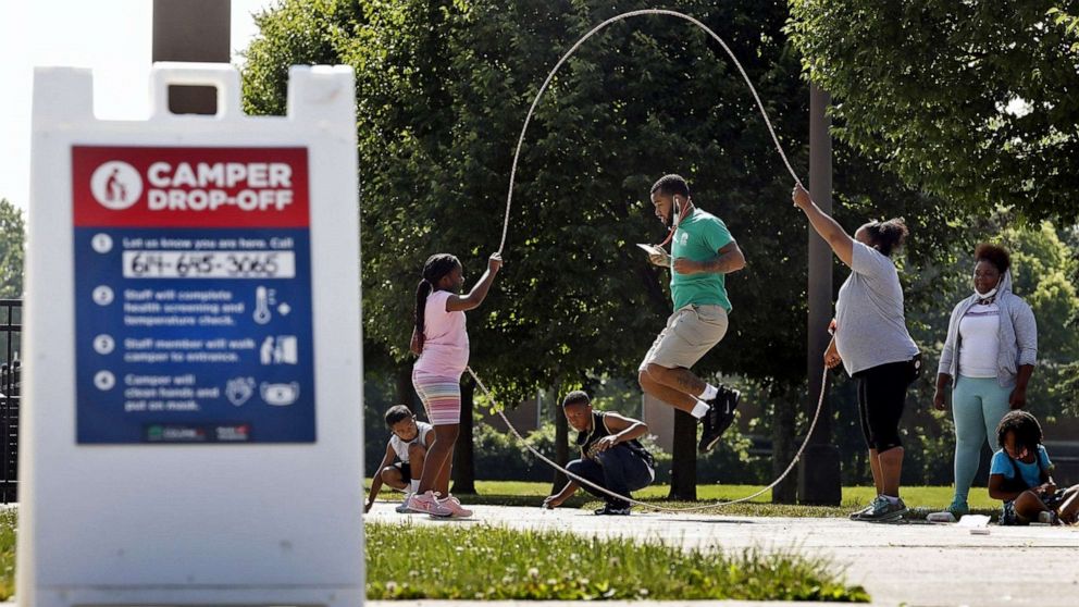 PHOTO: Camp counselors and campers play jump rope while wearing Covid-19 masks at the Barnett Recreation Center, in Columbus, Ohio, June 19, 2020.