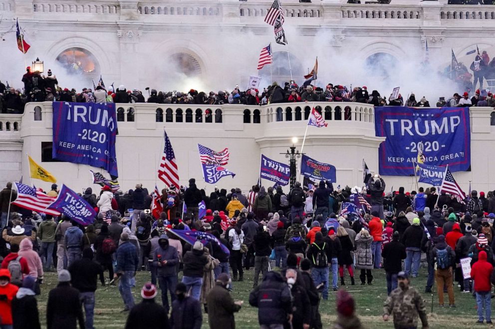 PHOTO: FILE - In this Jan. 6, 2021, file photo, rioters supporting President Donald Trump storm the Capitol in Washington.  
