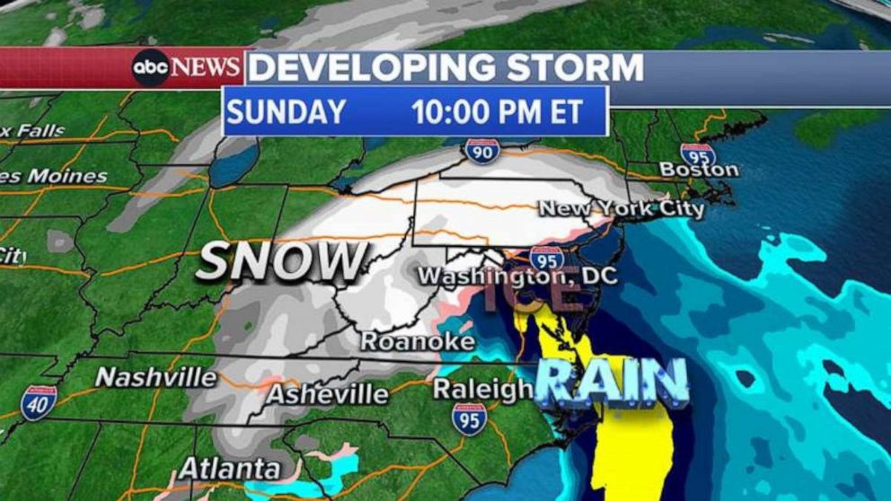 PHOTO: ABC News Developing Storm Alert map for Sunday, 10:00PM ET.