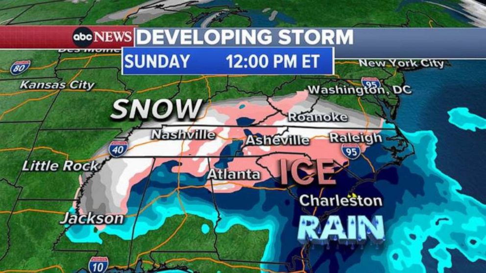 PHOTO: ABC News Developing Storm Alert map for Sunday, 12:00PM ET.