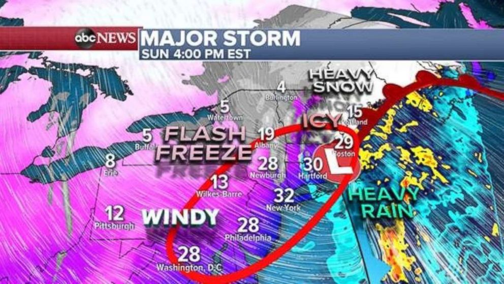 PHOTO: A flash freeze will move in behind the storm during the day on Sunday.