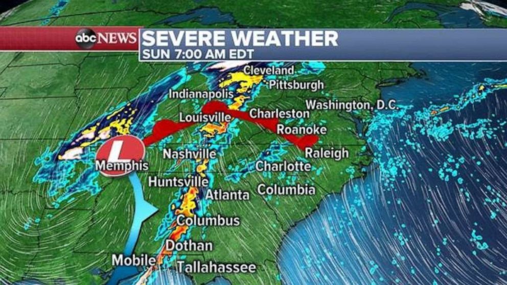 The line of storms will extend from the Gulf of Mexico to Ohio on Sunday morning.