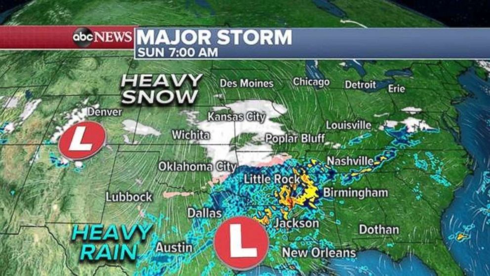 PHOTO: Heavy rain is developing to the South on Sunday while snow forms to the north.