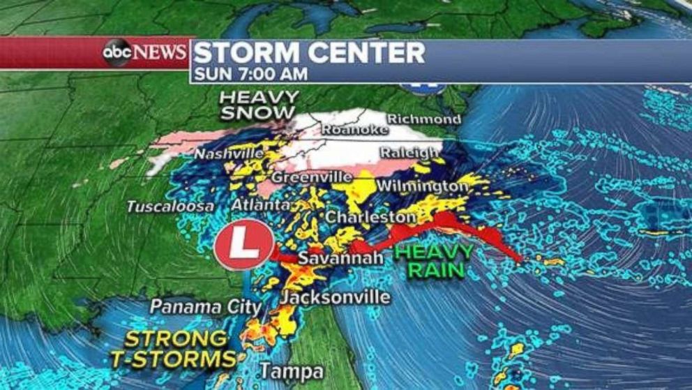 PHOTO: Heavy snow was falling in North Carolina and southern Virginia on Sunday morning, while Georgia and South Carolina received heavy rain.
