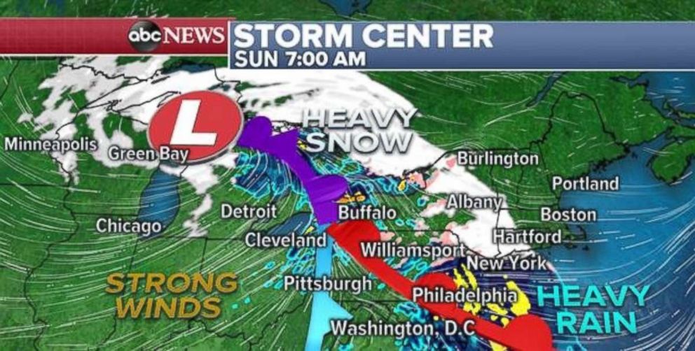 PHOTO: Heavy rain will fall along the East Coast, while a few inches of snow are possible inland.
