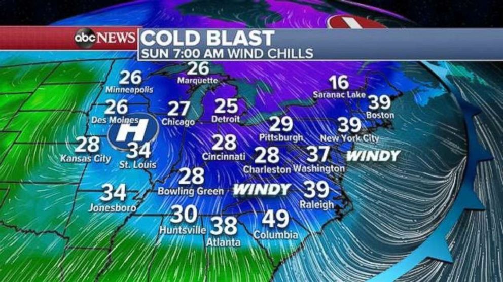 PHOTO: The wind chill is only in the 20s and 30s across most of the Midwest and Northeast on Sunday morning. 