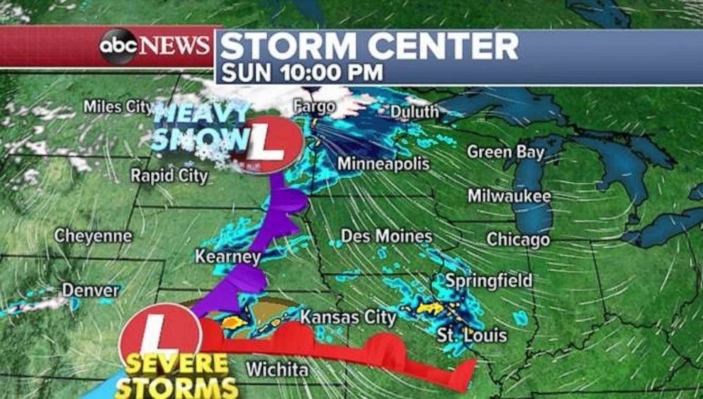 PHOTO: Heavy snow is possible in the Northern Plains on Sunday night, while severe storms are possible to the south.