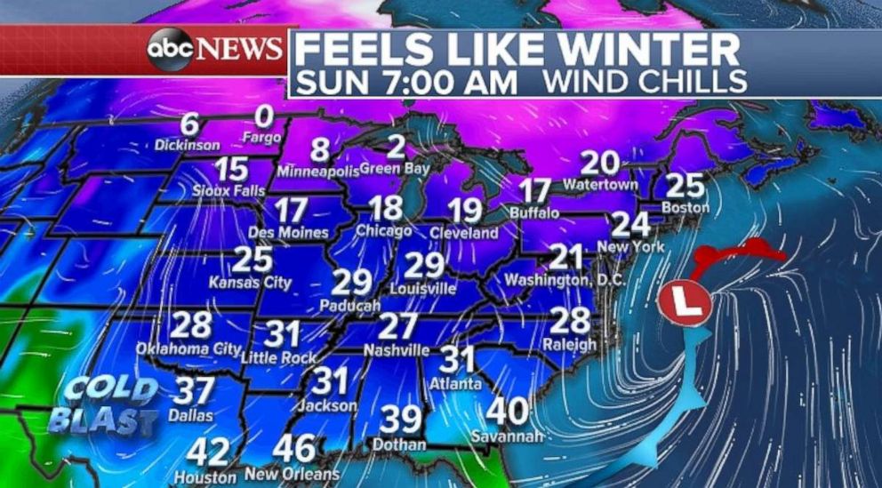 Wind chill temperatures will be in the teens and 20s across the Midwest and Northeast on Sunday morning.