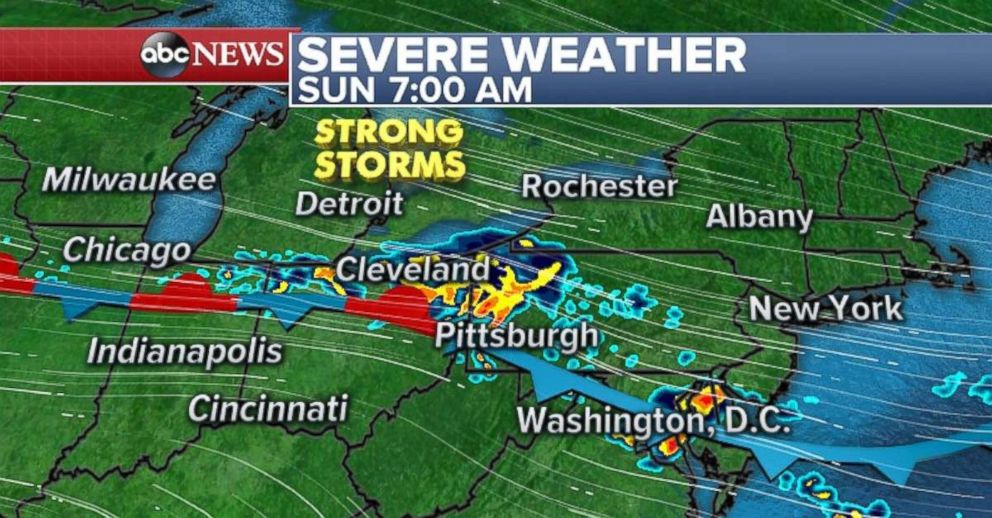 Strong storms are moving through Pennsylvania and the mid-Atlantic on Sunday morning.