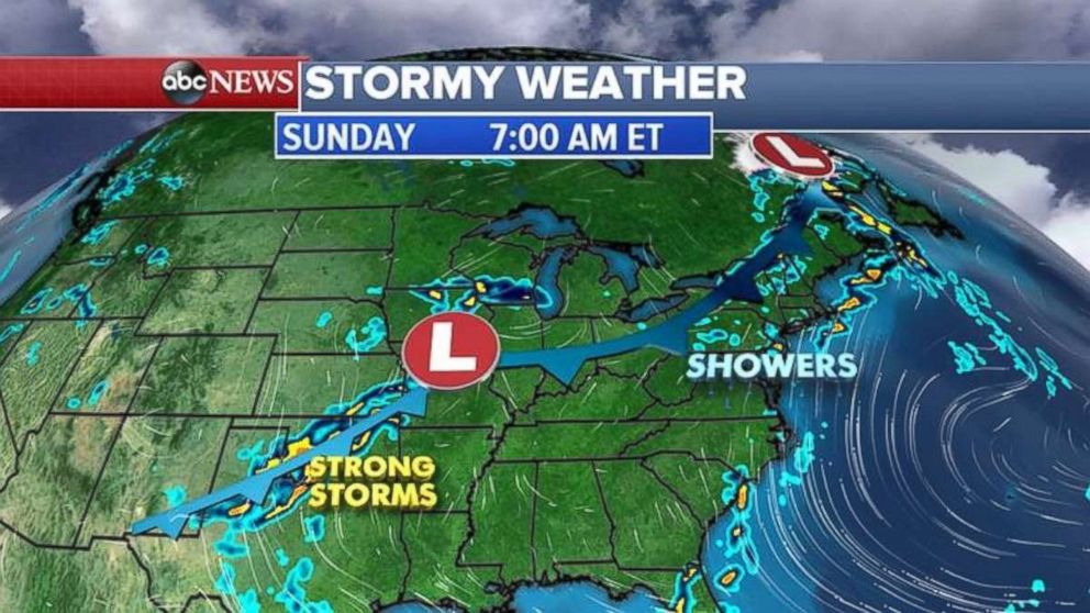 Storms are moving out of the Northeast on Sunday, while another low pressure exists in the Plains.
