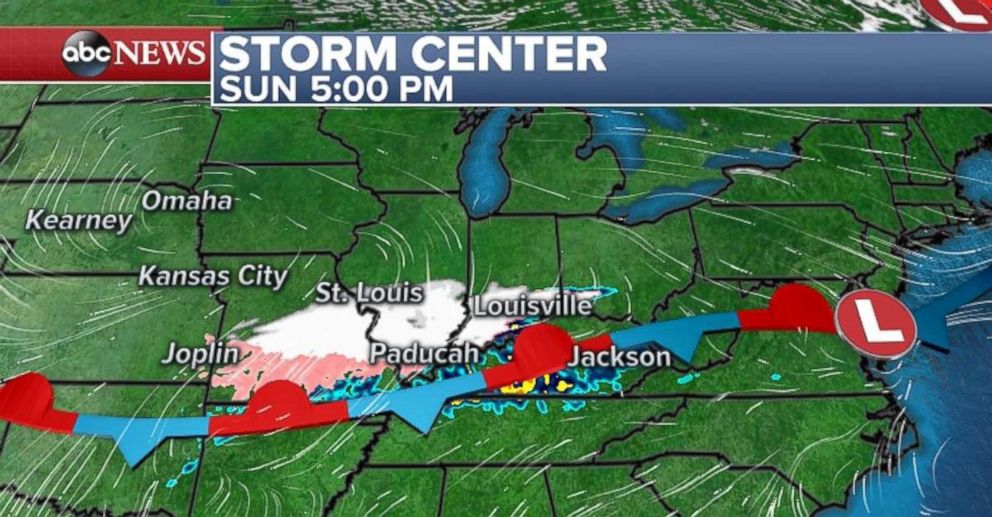 Snow and mixed precipitation will move through Missouri, southern Illinois and Kentucky on Sunday evening.