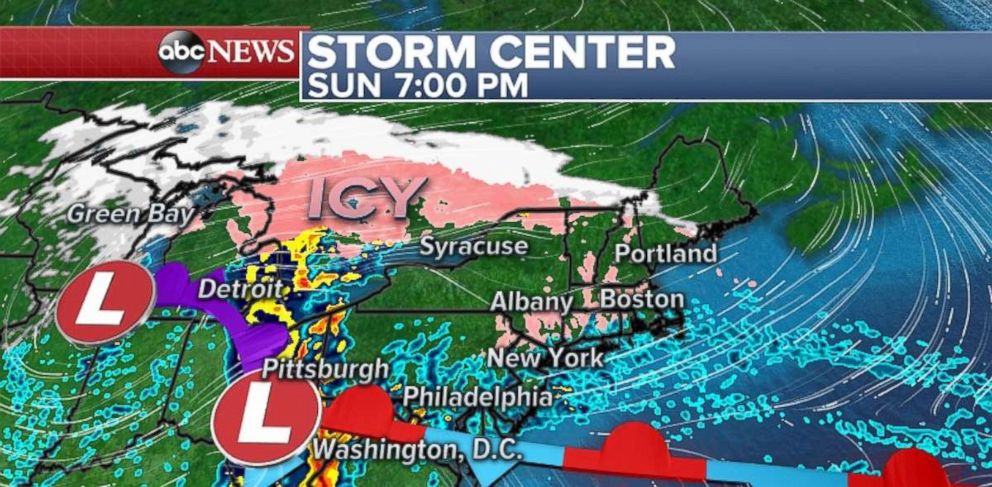 Snow and an icy mix move into northern New York on Sunday night, while the I-95 corridor will see rain.