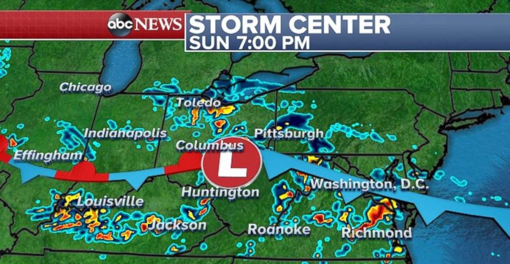 Storms will cover much of the Midwest and mid-Atlantic on Sunday evening.