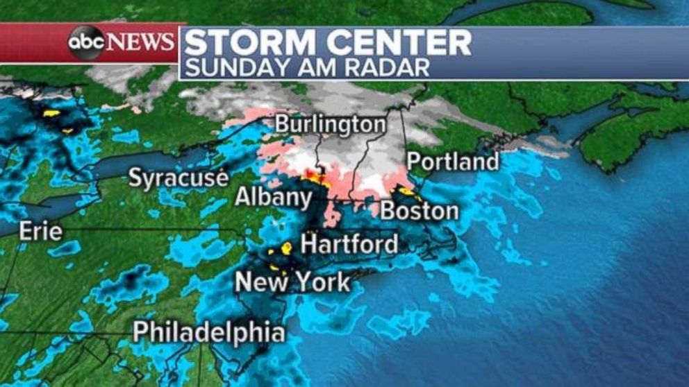 PHOTO: Rain is falling from Philadelphia to Boston on Sunday morning, while inland New York and New England are seeing snow, sleet and freezing rain.