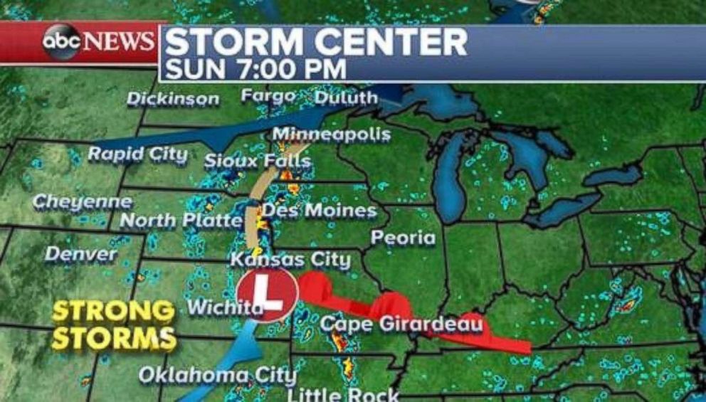 Strong storms are forecast for parts of Oklahoma, Missouri, and Arkansas on Sunday night.