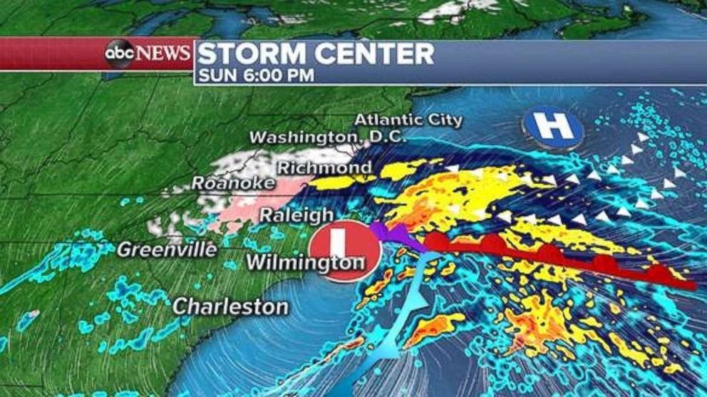 PHOTO: The storm will move out into the Atlantic by Sunday evening, delivering just some remnant snow to North Carolina and Virginia.