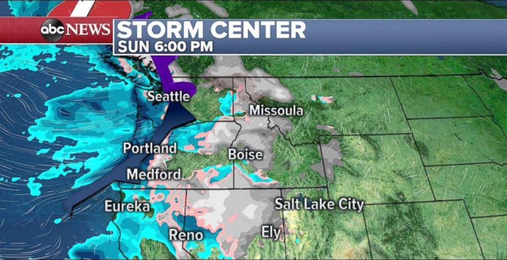 PHOTO: Rain will stretch from Northern California to Seattle, with snow inland, during the day and evening Sunday.