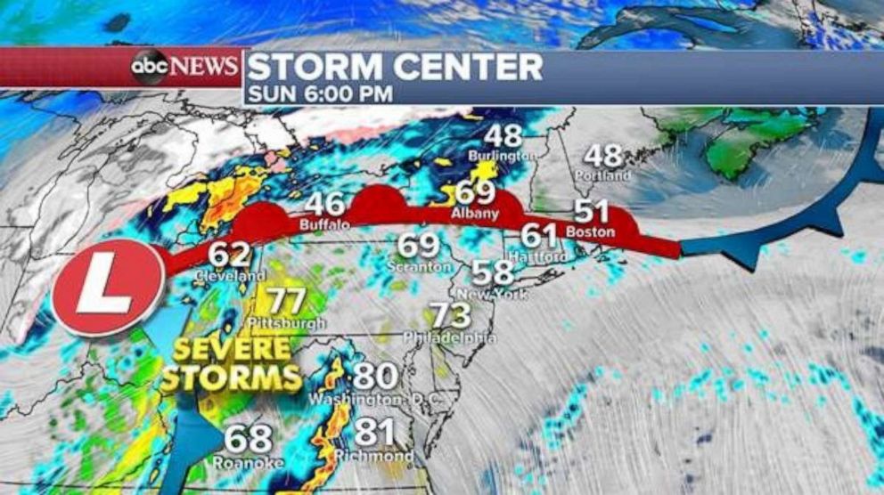 Severe storms will move into the Northeast on Sunday evening.