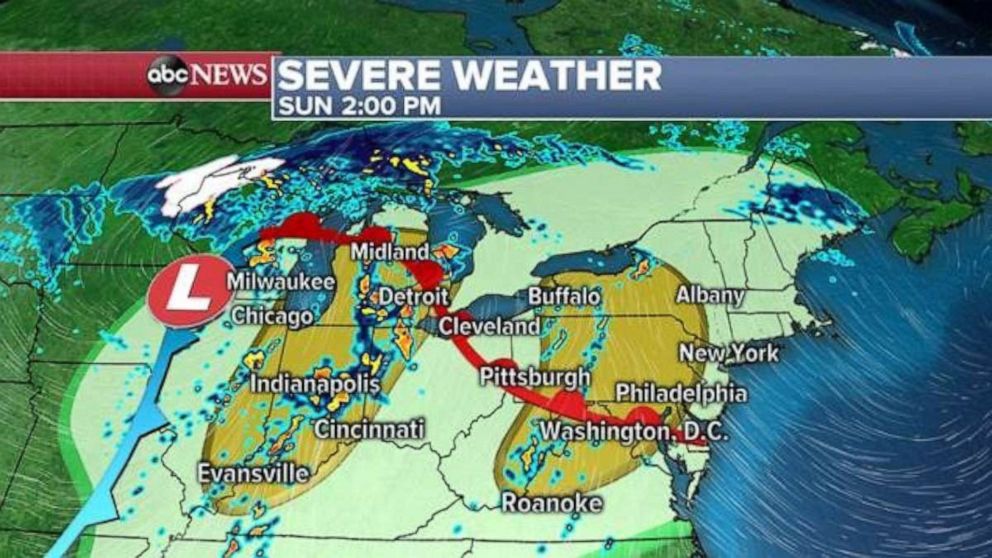 PHOTO: There is also the potential for severe weather in the Midwest and Northeast on Sunday afternoon and evening.