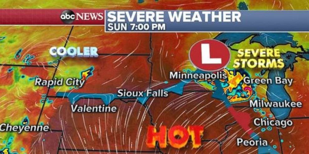 PHOTO: Heat and storms are in place across the Plains and Midwest on Sunday evening.