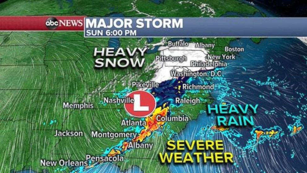 PHOTO: The snow will move into the Northeast Sunday evening. The South will be at risk for severe weather, including tornadoes and hail.