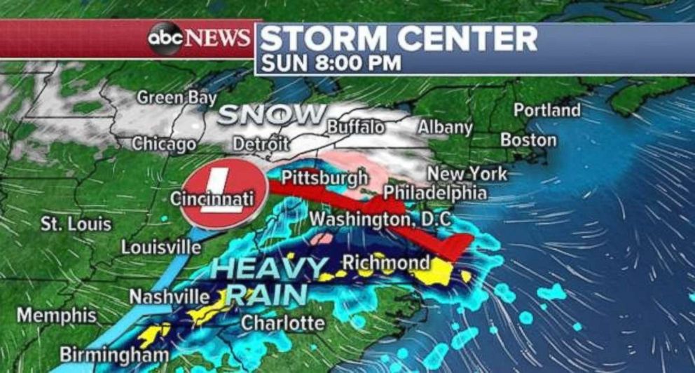 PHOTO: Heavy rain is possible in the Southeast on Sunday night with snow farther north. Most of the major Northeast cities will avoid significant snow totals.