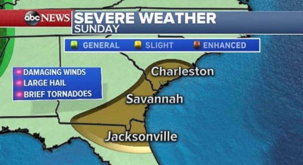 The coastal regions of northern Florida, Georgia and South Carolina are at risk for severe weather on Sunday.