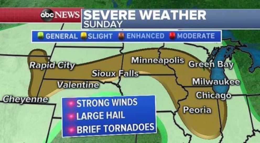 PHOTO: Severe weather is possible from Illinois north through Wisconsin and west into Minnesota and South Dakota.