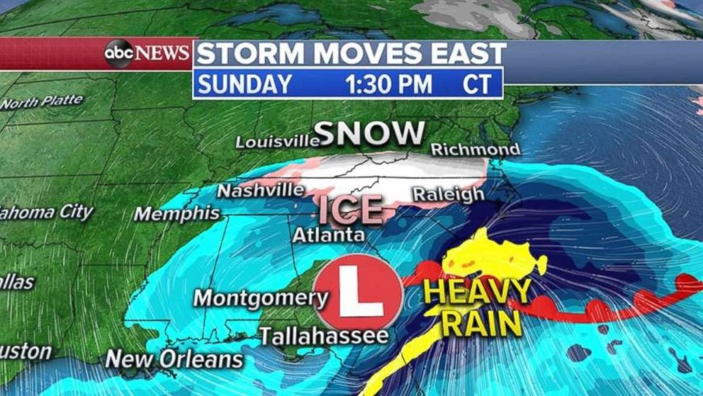 PHOTO: The rain and snow moves into the Southeast on Sunday, with the Appalachians receiving heavy snow in areas.