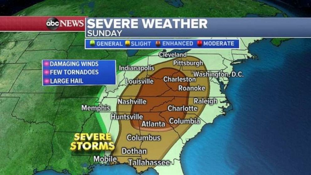 PHOTO: The threat for severe weather moves into the Appalachians on Sunday.