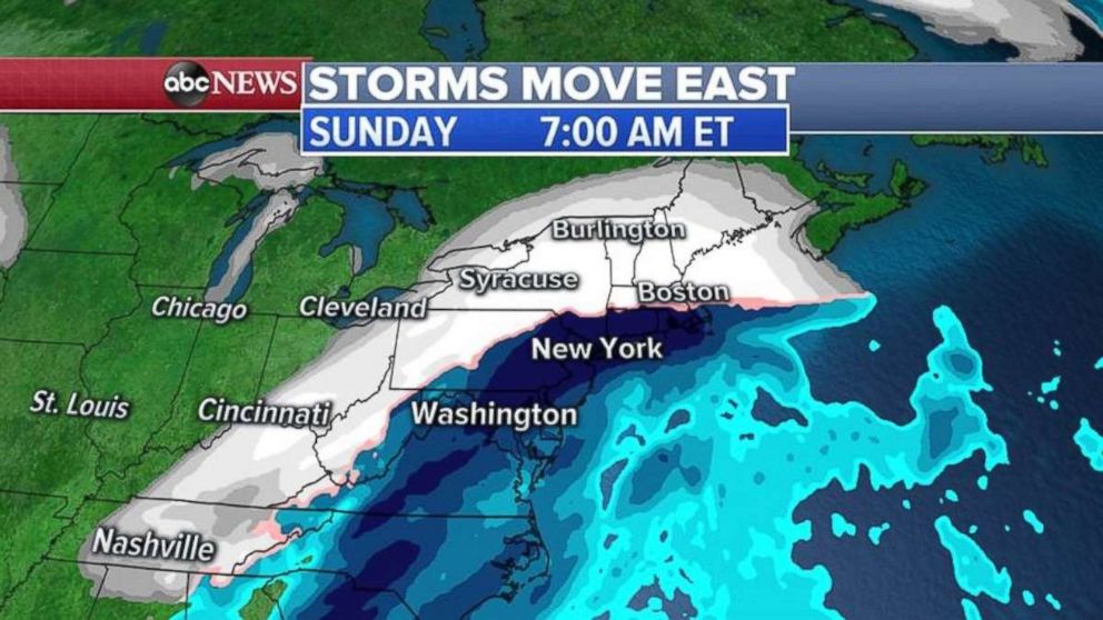 PHOTO: The storm will bring heavy snow inland on Sunday morning, but just a mix of precipitation, turning to rain, along the I-95 corridor.